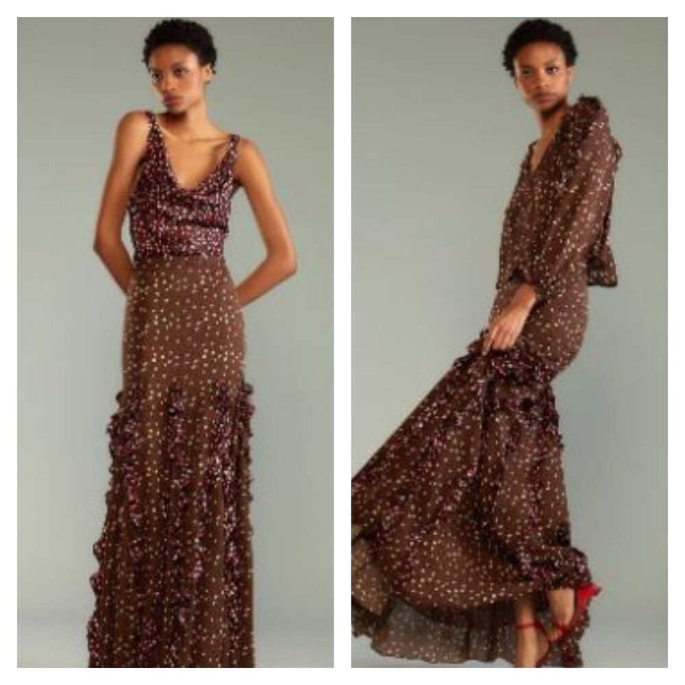 Cynthia Rowley Women's Pippa Silk Ruffle Maxi Skirt NWT 425 brown Sz 0